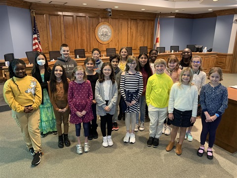 Group photo of fifth graders in the auditorium for 2022 Celebrate City Government Day