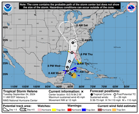 National weather storm image of projected path of  Tropical Storm Helene