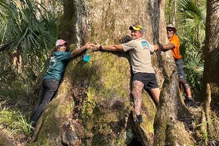 Three people holding hands to wrap around a tree