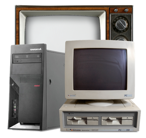 old television, computer with monitor, and computer tower