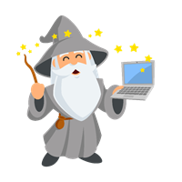 graphic of a wizard in gray cloke with a wand and laptop